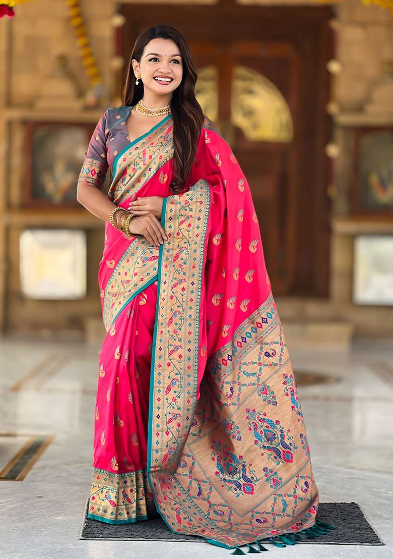 Rani Pink Weaving Work Silk Blend Saree Set for Diwali | Wedding & Festive Wear - Indya
