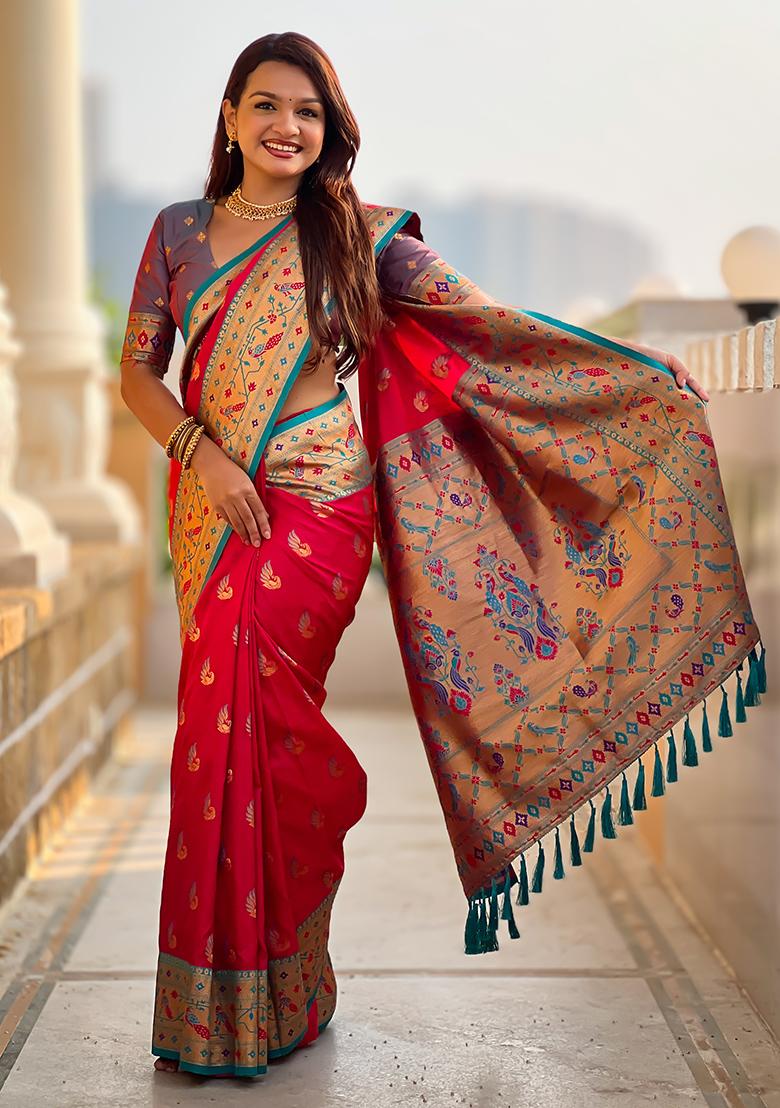 Rani Pink Weaving Work Silk Saree Set - Indya