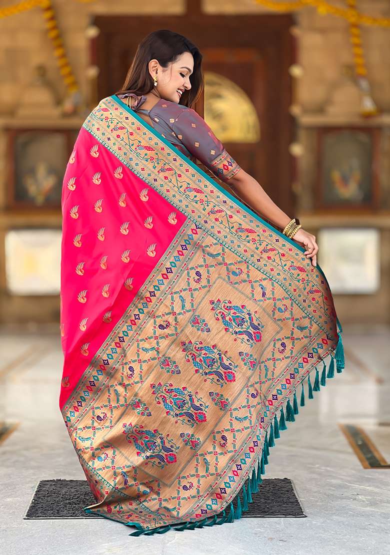 Rani Pink Weaving Work Silk Blend Saree Set for Diwali | Wedding & Festive Wear - Indya