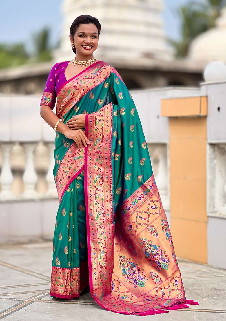 Rama Green Weaving Work Silk Blend Saree Set for Diwali | Wedding & Festive Wear - Indya