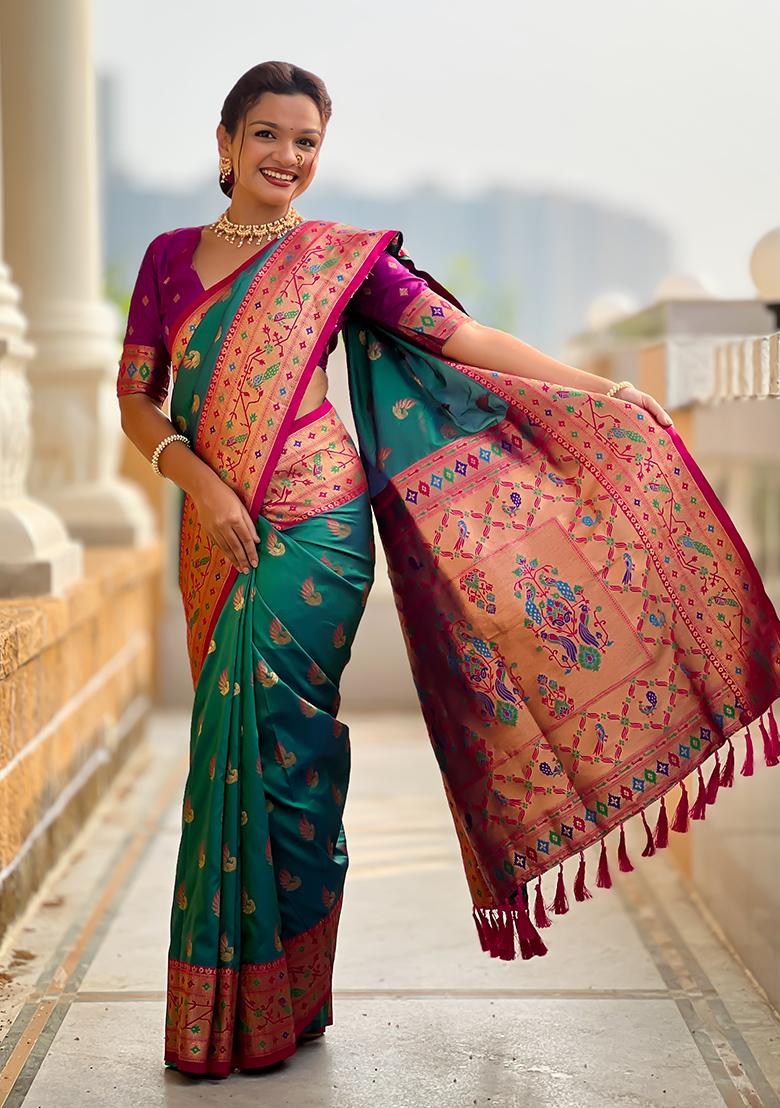 Rama Green Weaving Work Silk Saree Set - Indya