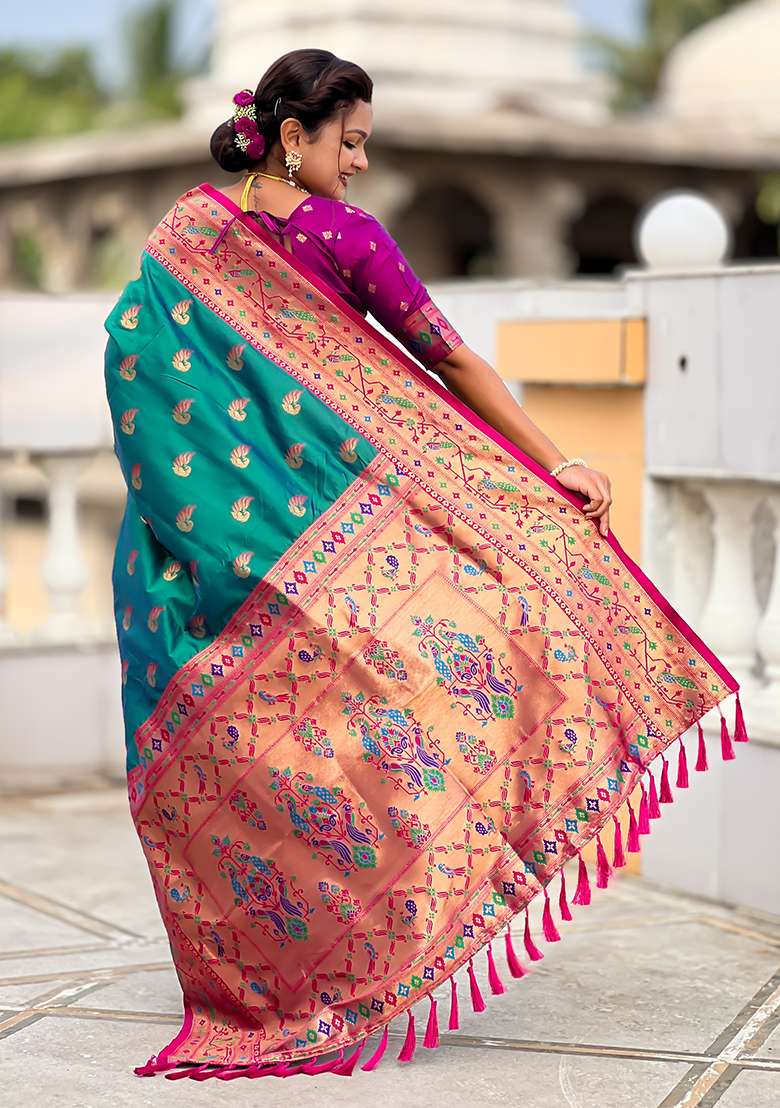 Rama Green Weaving Work Silk Blend Saree Set for Diwali | Wedding & Festive Wear - Indya