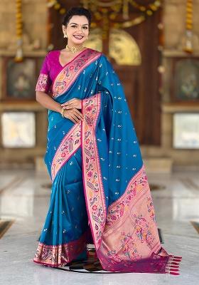 Firozi Weaving Work Silk Saree Set