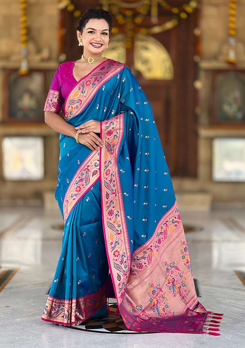 Firozi Weaving Work Silk Blend Saree Set for Diwali and Festive Wear - Indya