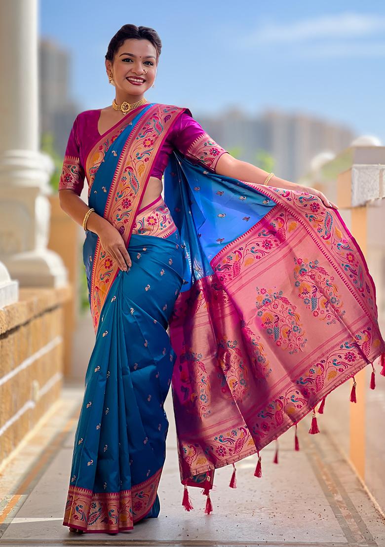 Firozi Weaving Work Silk Saree Set - Indya