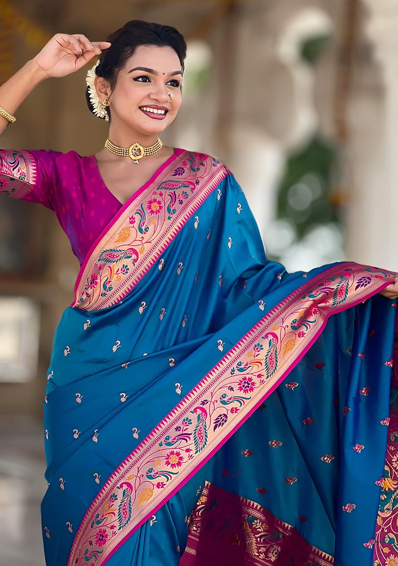 Firozi Weaving Work Silk Saree Set - Indya