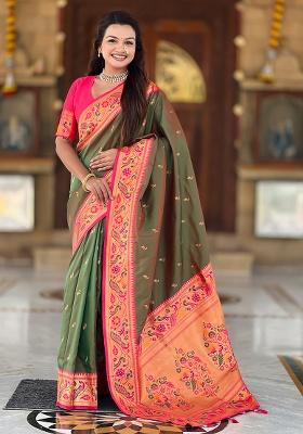 Mehandi Weaving Work Silk Saree Set