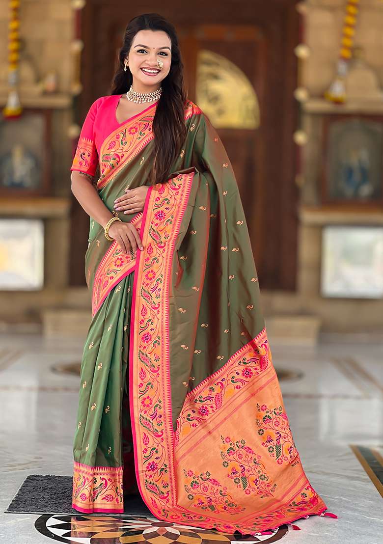Mehandi Weaving Work Silk Blend Saree Set for Diwali and Festive Wear - Indya