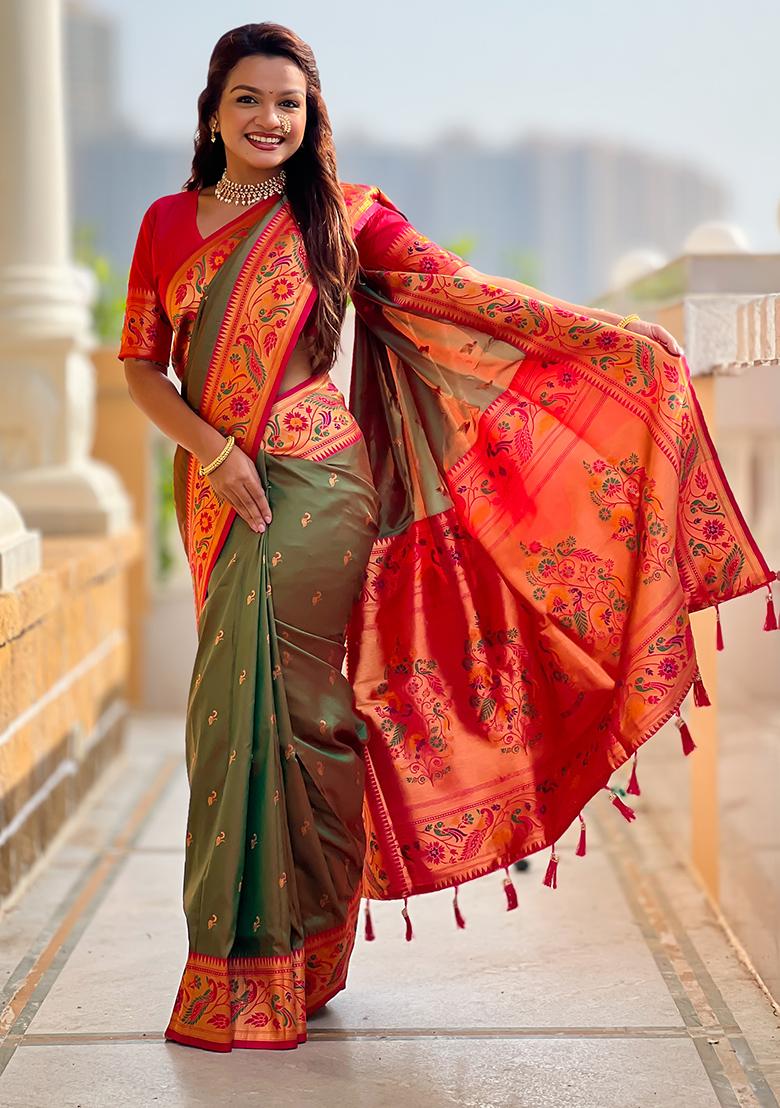 Mehandi Weaving Work Silk Saree Set - Indya