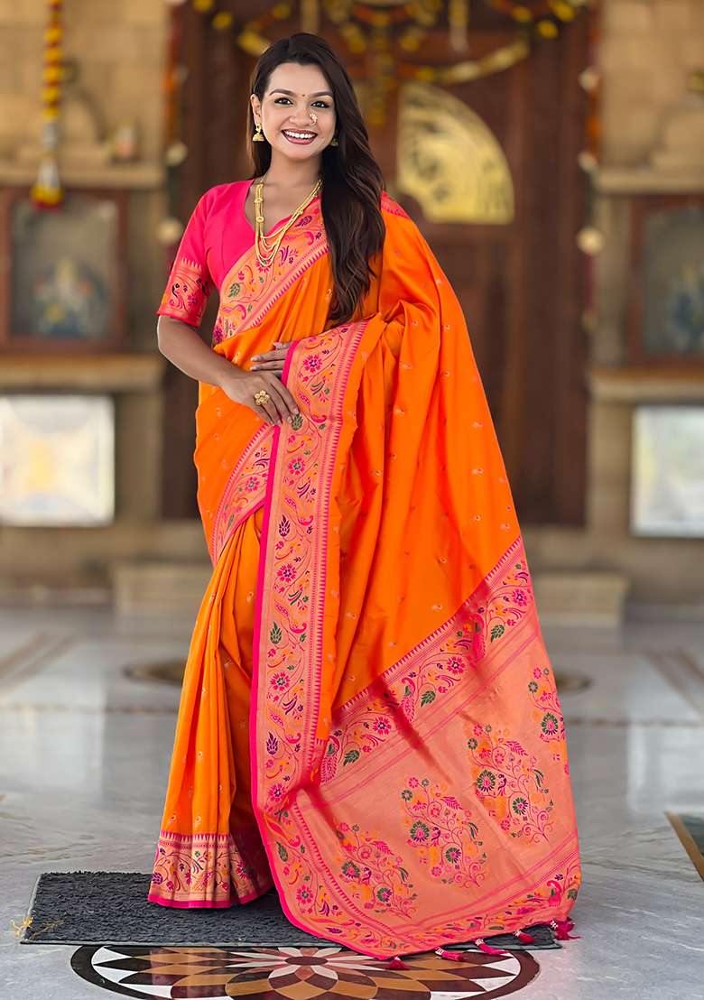 Orange Weaving Work Silk Blend Saree Set for Diwali and Festive Wear - Indya