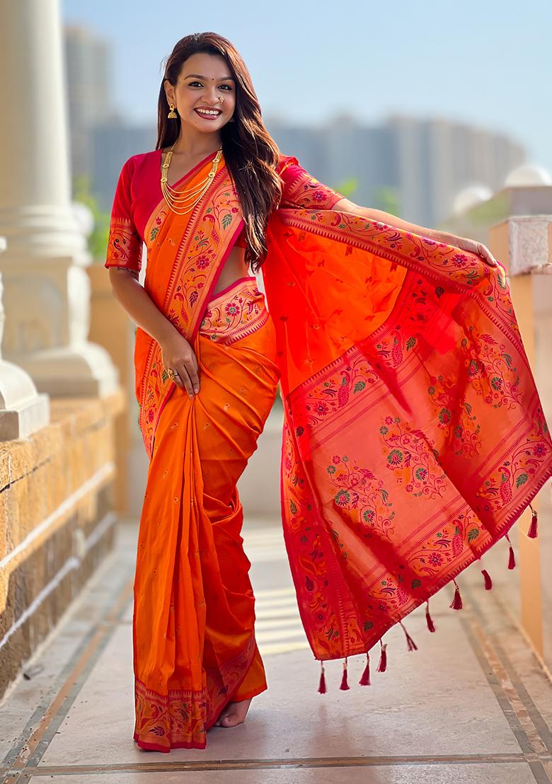 Orange Weaving Work Silk Saree Set - Indya
