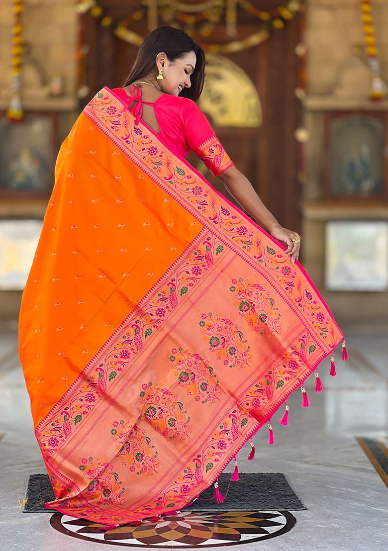 Orange Weaving Work Silk Blend Saree Set for Diwali and Festive Wear - Indya