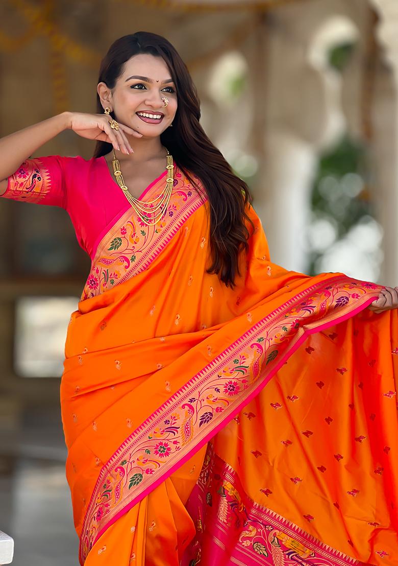 Orange Weaving Work Silk Saree Set - Indya