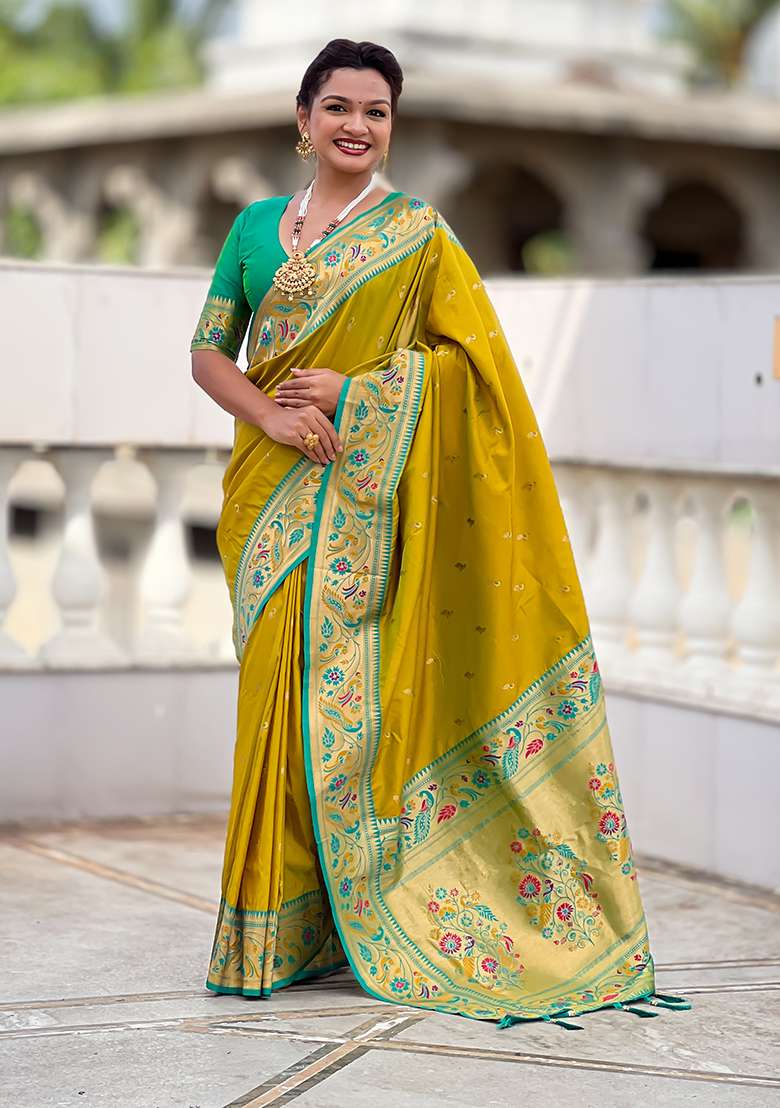 Perrot Green Weaving Work Silk Blend Saree Set for Diwali | Wedding & Festive Wear - Indya
