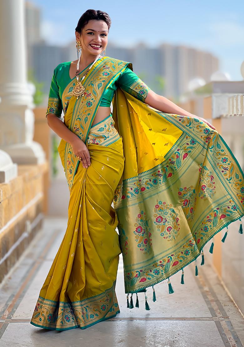 Perrot Green Weaving Work Silk Saree Set - Indya