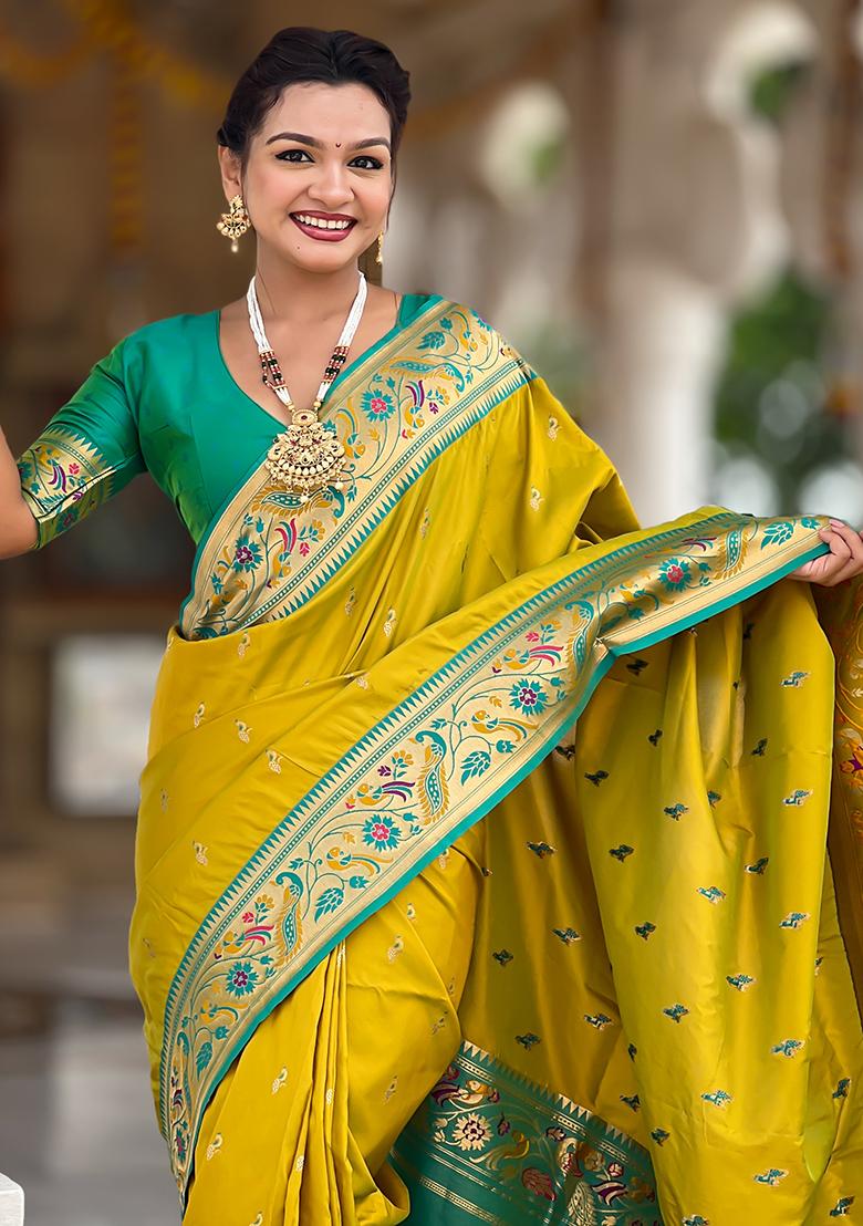 Perrot Green Weaving Work Silk Saree Set - Indya