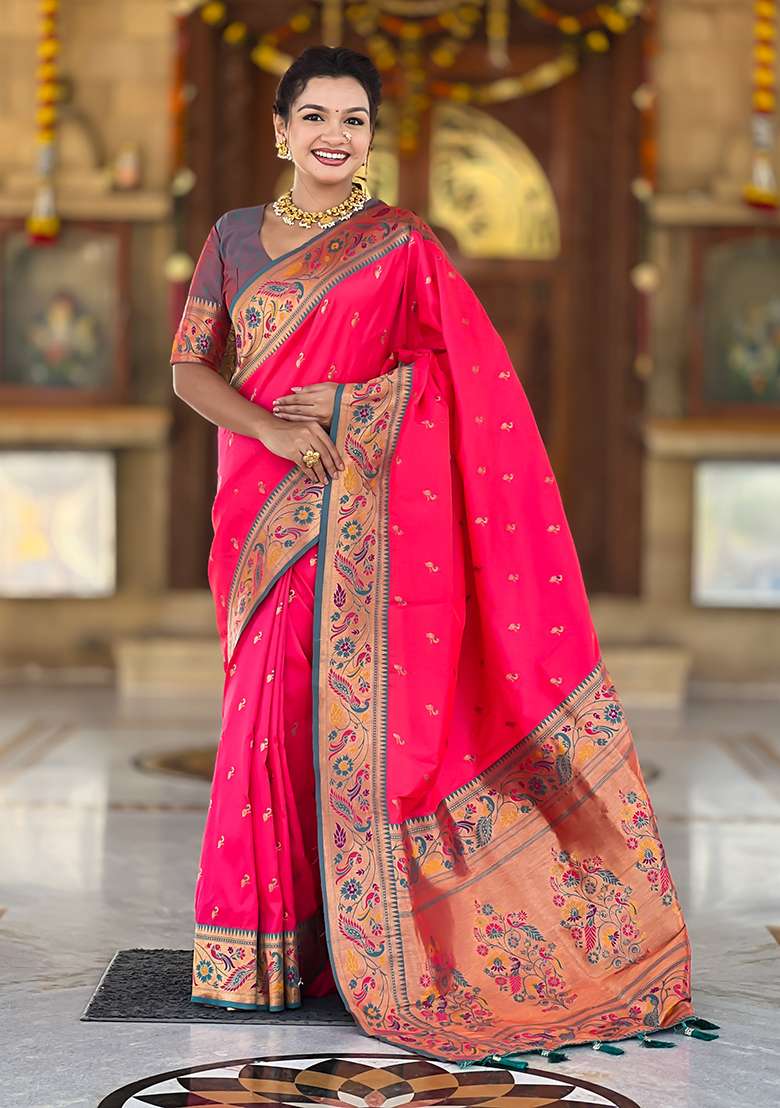 Rani Pink Weaving Work Silk Blend Saree Set for Diwali | Wedding & Festive Wear - Indya