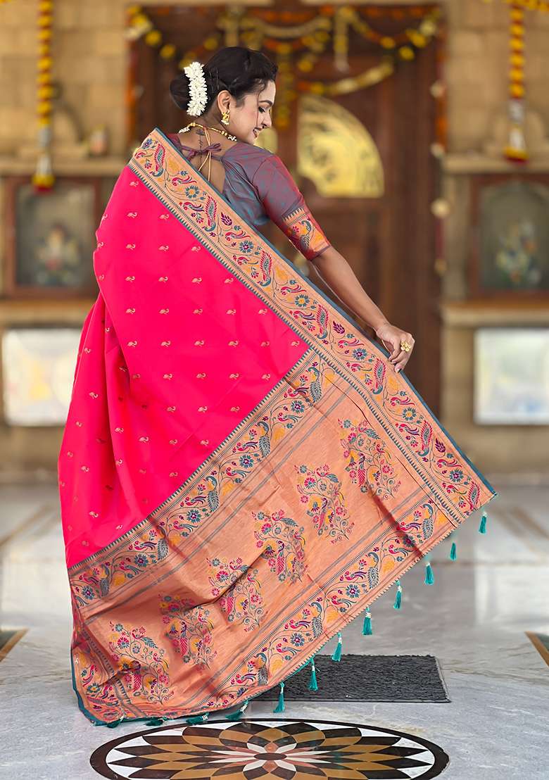 Rani Pink Weaving Work Silk Blend Saree Set for Diwali | Wedding & Festive Wear - Indya