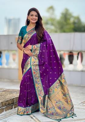 Blue Weaving Work Silk Blend Saree Set