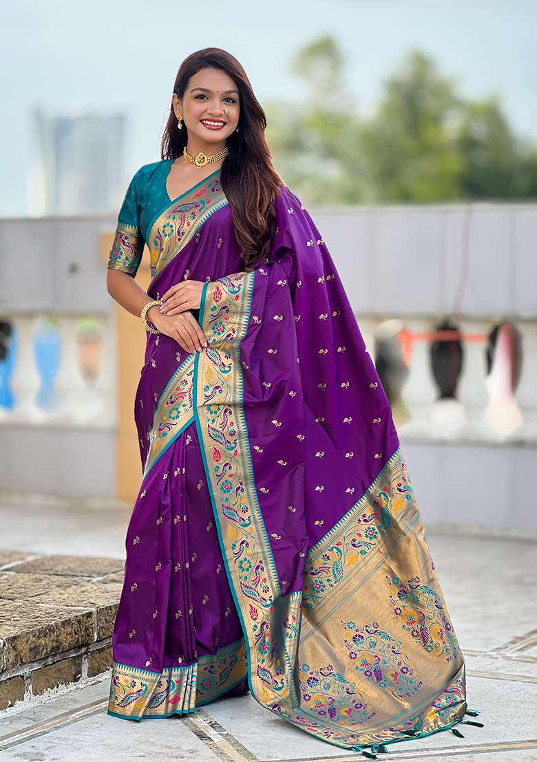Blue Weaving Work Silk Blend Saree Set for Diwali | Wedding & Festive Wear - Indya