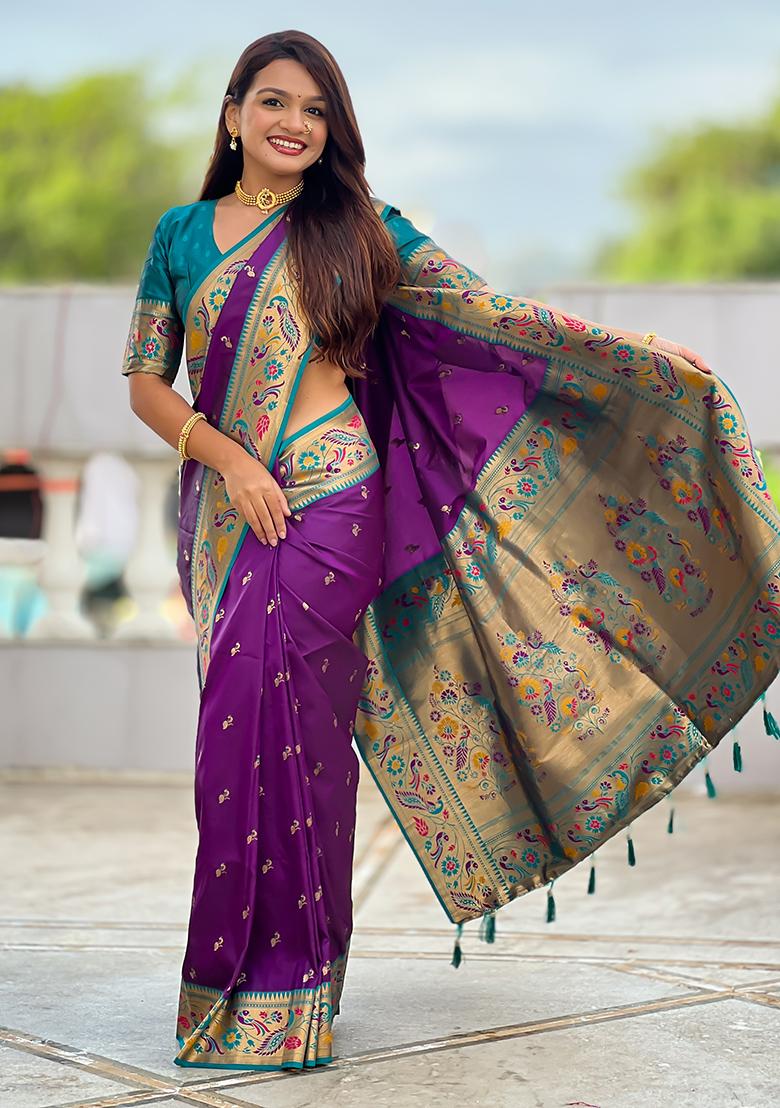 Blue Weaving Work Silk Saree Set - Indya