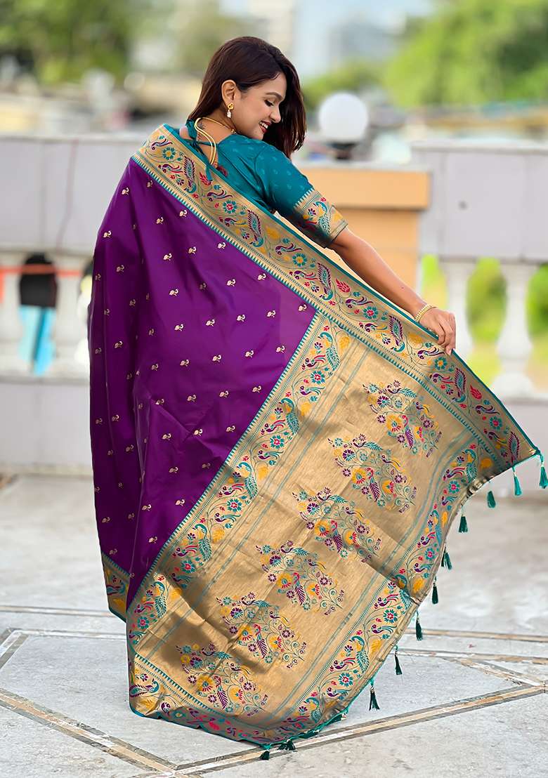 Blue Weaving Work Silk Blend Saree Set for Diwali | Wedding & Festive Wear - Indya