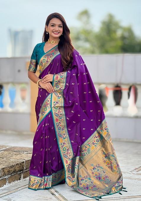 Blue Weaving Work Silk Saree Set