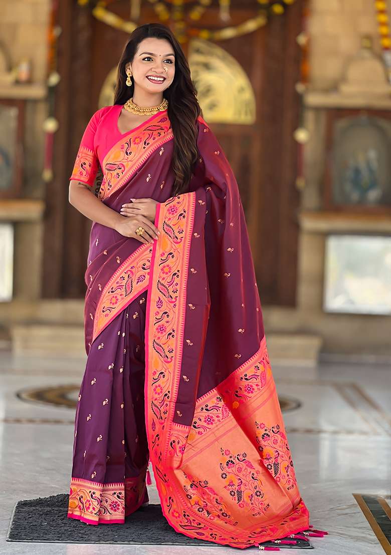 Wine Weaving Work Silk Blend Saree Set for Diwali | Wedding & Festive Wear - Indya