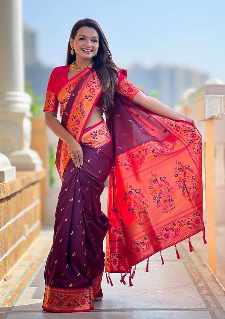 Wine Weaving Work Silk Saree Set - Indya