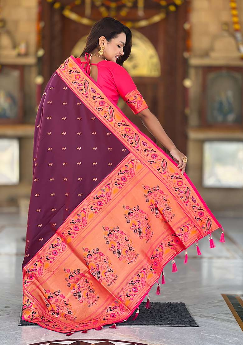 Wine Weaving Work Silk Blend Saree Set for Diwali | Wedding & Festive Wear - Indya