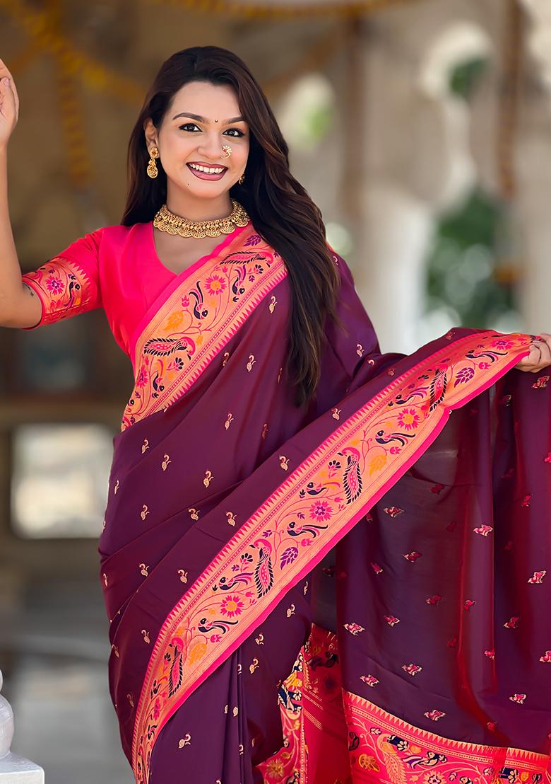 Wine Weaving Work Silk Saree Set - Indya