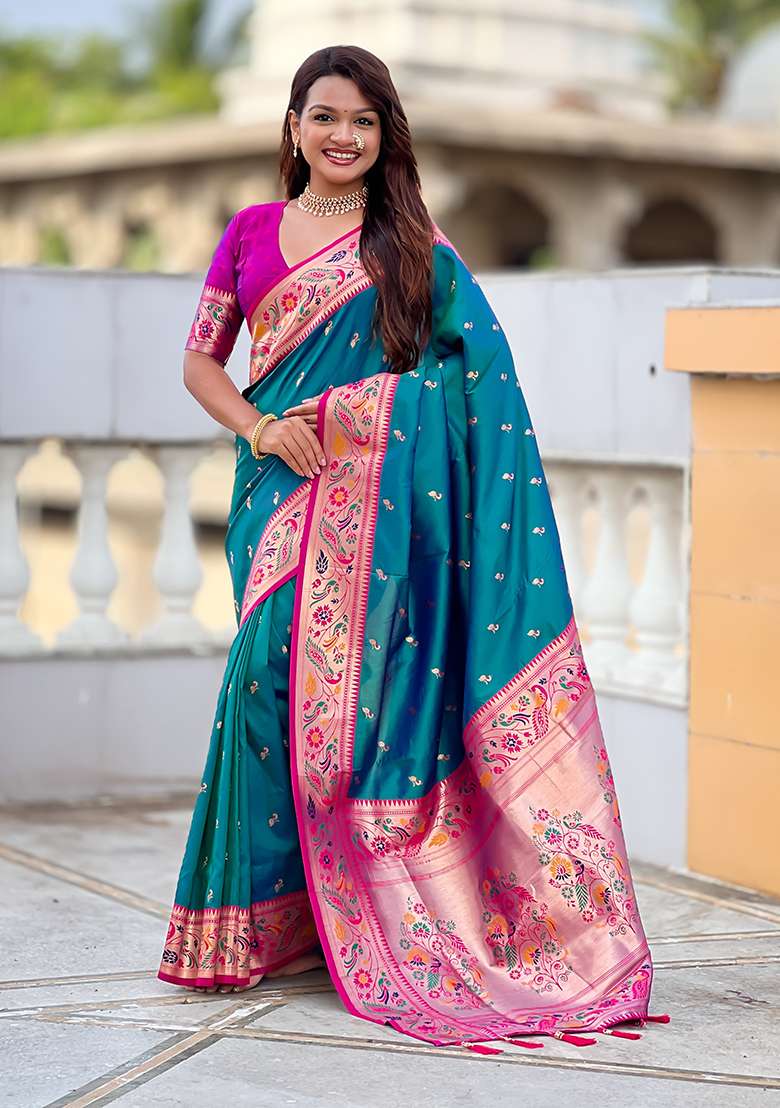 Rama Green Weaving Work Silk Blend Saree Set for Diwali and Festive Wear - Indya