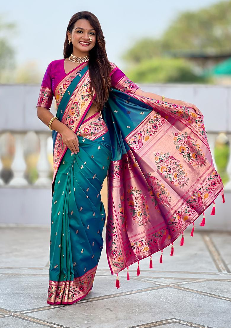 Rama Green Weaving Work Silk Saree Set - Indya