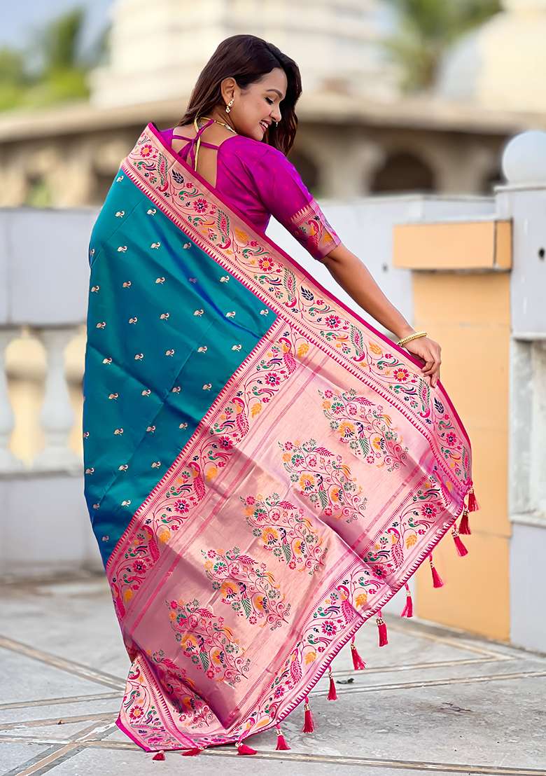 Rama Green Weaving Work Silk Blend Saree Set for Diwali and Festive Wear - Indya