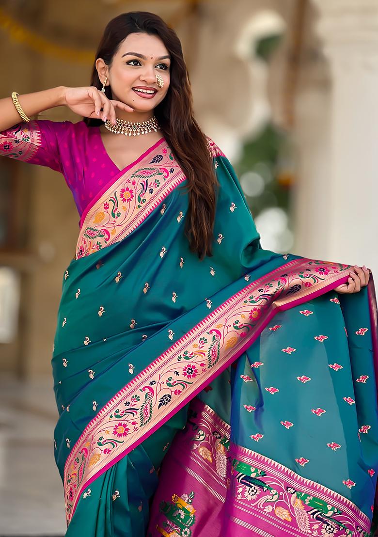 Rama Green Weaving Work Silk Saree Set - Indya