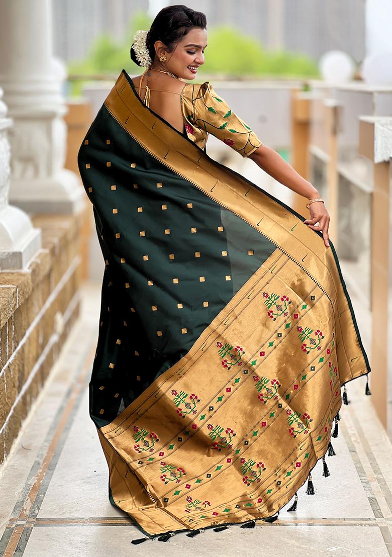 Green Woven Silk Saree Set - Indya