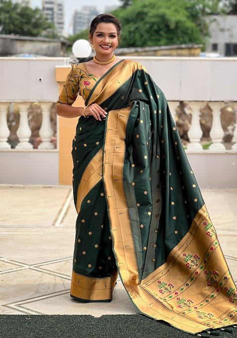 Green Woven Silk Saree Set