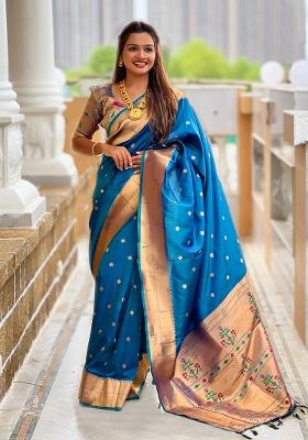 Teal Blue Woven Silk Saree Set