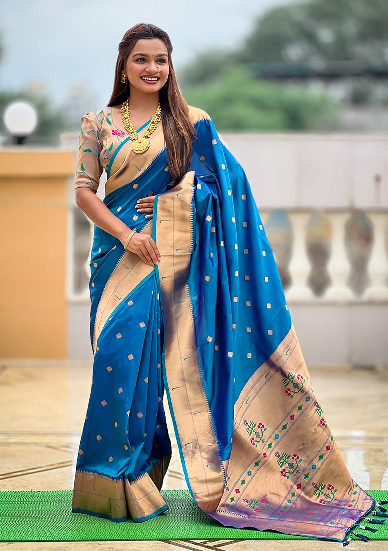 Teal Blue Woven Silk Saree Set - Indya