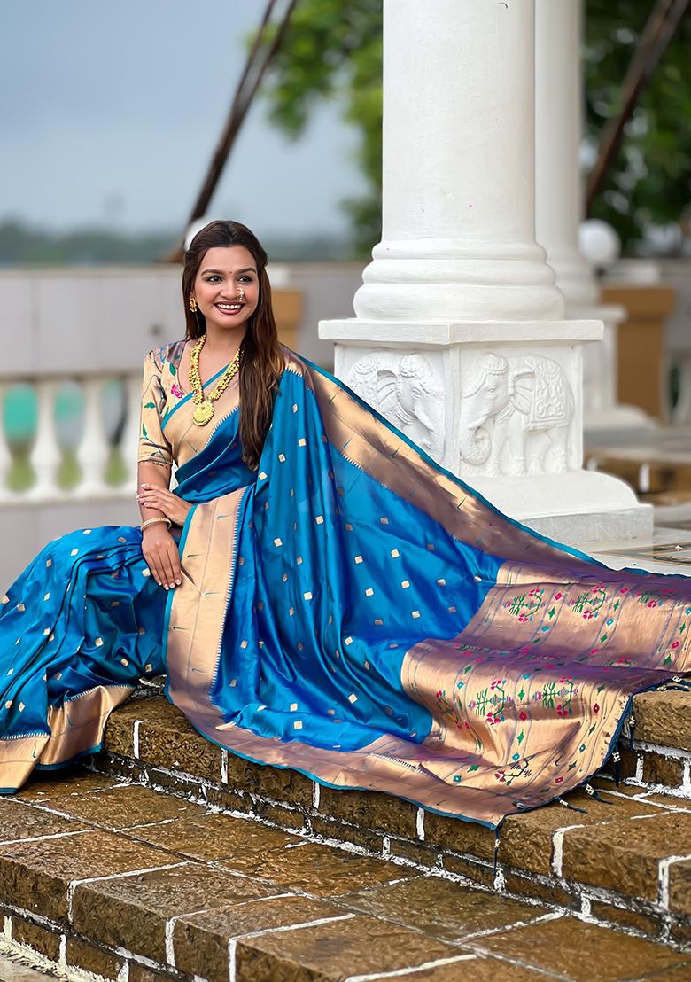 Teal Blue Woven Silk Saree Set - Indya