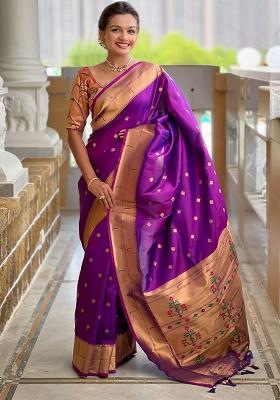 Magenta Woven Silk Saree Set
