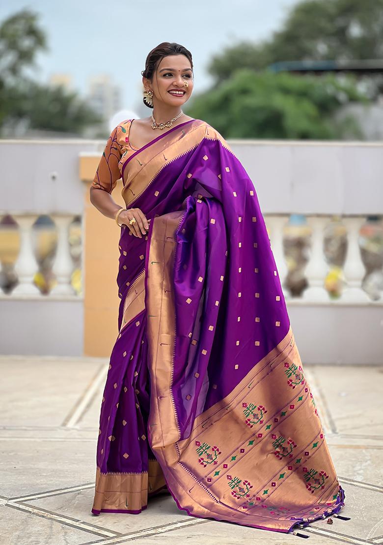 Magenta Woven Silk Saree Set - Indya