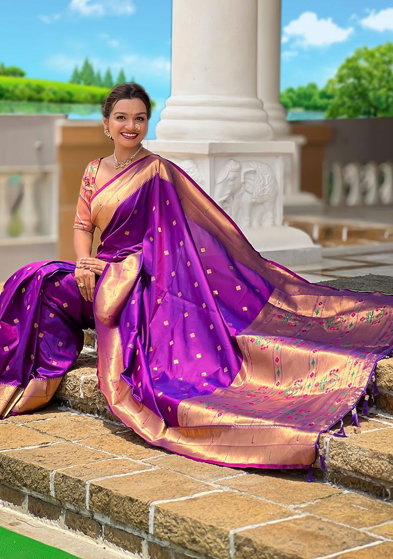 Magenta Woven Silk Saree Set - Indya