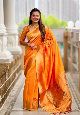 Orange Woven Silk Saree Set
