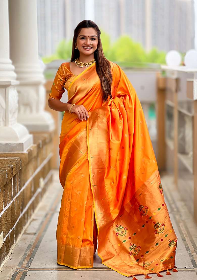 Orange Woven Silk Blend Saree Set for Diwali and Festive Wear - Indya