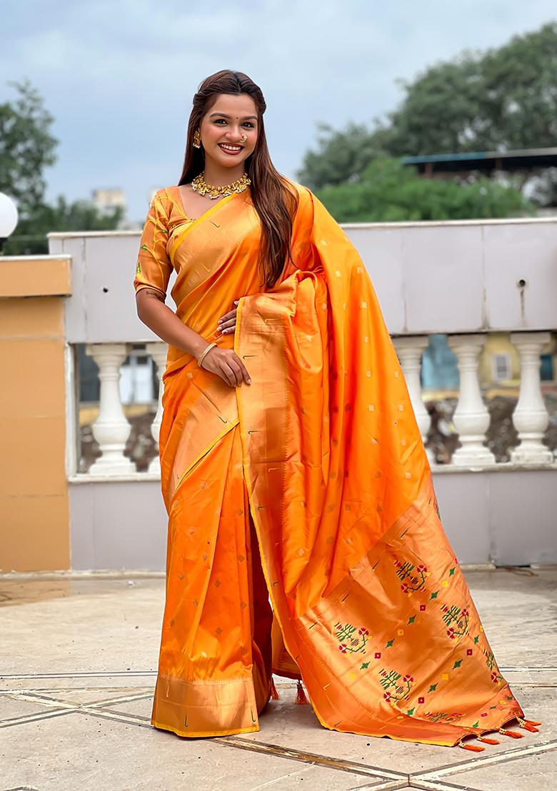 Orange Woven Silk Saree Set - Indya