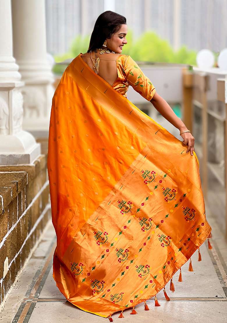 Orange Woven Silk Blend Saree Set for Diwali and Festive Wear - Indya