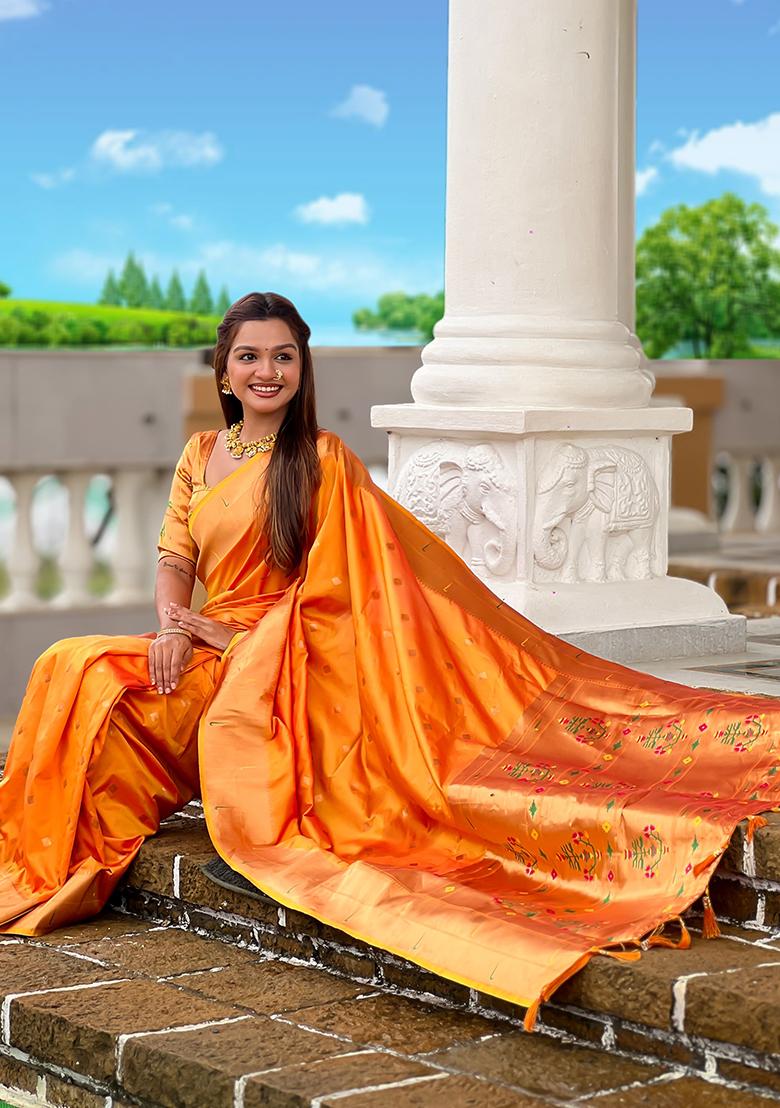 Orange Woven Silk Saree Set - Indya