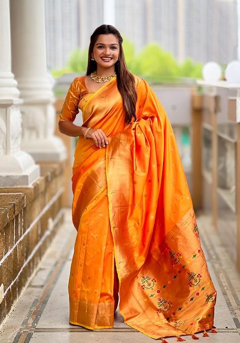 Orange Woven Silk Saree Set