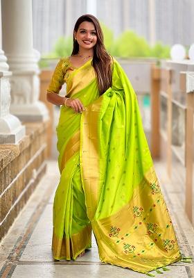Parrot Green Woven Silk Saree Set